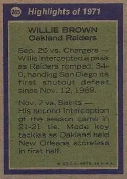 1972 Topps #285 - Willie Brown - Oakland Raiders - Back