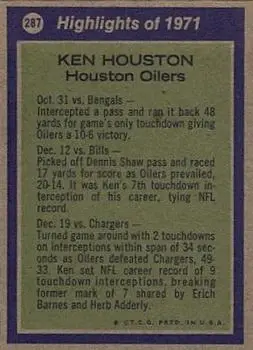 1972 Topps #287 - Ken Houston - Houston Oilers - Back
