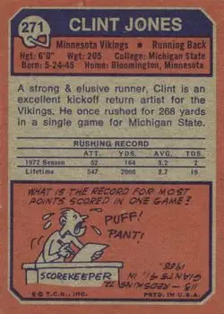 1973 Topps #271 - Clint Jones - Minnesota Vikings - Back 1973 Topps #271 - Clint Jones - Minnesota Vikings - Back