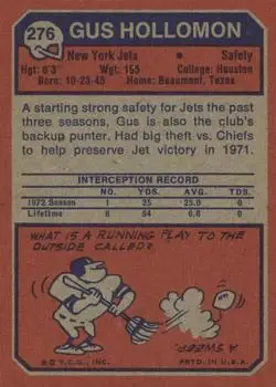 1973 Topps #276 - Gus Hollomon - New York Jets - Back