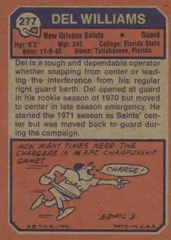 1973 Topps #277 - Del Williams - New Orleans Saints - Back
