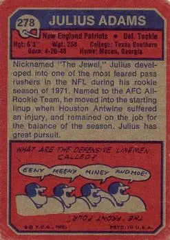 1973 Topps #278 - Julius Adams - New England Patriots - Back