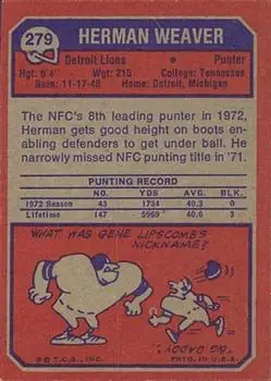 1973 Topps #279 - Herman Weaver - Detroit Lions - Back 1973 Topps #279 - Herman Weaver - Detroit Lions - Back