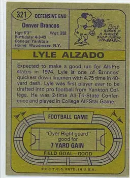 1974 Topps #321 - Lyle Alzado - Denver Broncos - Back
