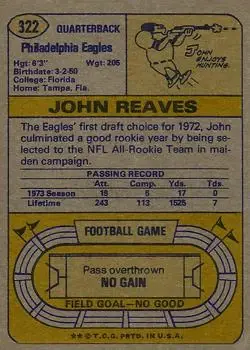 1974 Topps #322 - John Reaves - Philadelphia Eagles