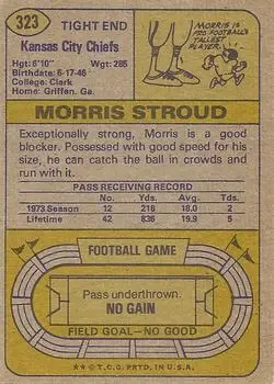 1974 Topps #323 - Morris Stroud - Kansas City Chiefs - Back