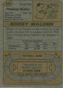 1974 Topps #324 - Bobby Walden - Pittsburgh Steelers - Back 1974 Topps #324 - Bobby Walden - Pittsburgh Steelers - Back