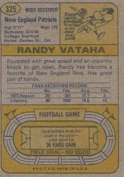 1974 Topps #325 - Randy Vataha - New England Patriots - Back 1974 Topps #325 - Randy Vataha - New England Patriots - Back