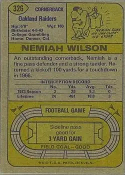 1974 Topps #326 - Nemiah Wilson - Oakland Raiders - Back