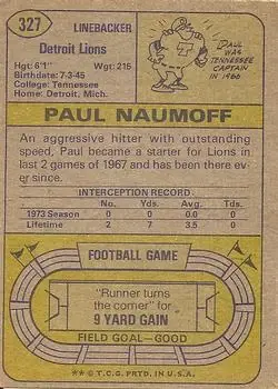 1974 Topps #327 - Paul Naumoff - Detroit Lions - Back