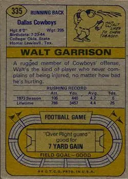 1974 Topps #335 - Walt Garrison - Dallas Cowboys - Back