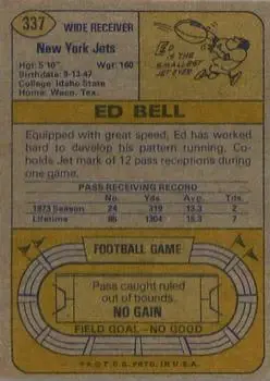 1974 Topps #337 - Ed Bell - New York Jets - Back