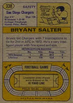 1974 Topps #338 - Bryant Salter - San Diego Chargers - Back