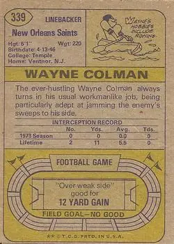 1974 Topps #339 - Wayne Colman - New Orleans Saints - Back