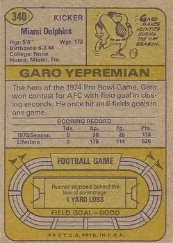 1974 Topps #340 - Garo Yepremian - Miami Dolphins