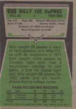 1975 Topps #311 - Billy Joe DuPree - Dallas Cowboys - Back