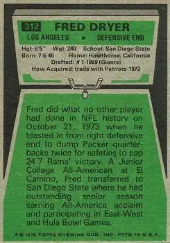 1975 Topps #312 - Fred Dryer - Los Angeles Rams - Back