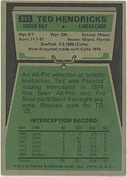 1975 Topps #315 - Ted Hendricks - Green Bay Packers