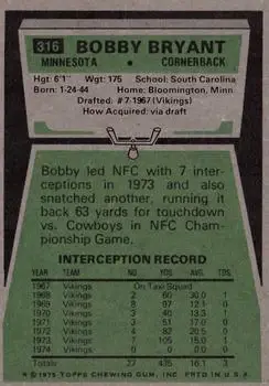 1975 Topps #316 - Bobby Bryant - Minnesota Vikings - Back 1975 Topps #316 - Bobby Bryant - Minnesota Vikings - Back