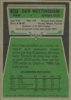 1975 Topps #317 - Don Nottingham - Miami Dolphins - Back