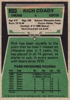 1975 Topps #319 - Rich Coady - Chicago Bears - Back