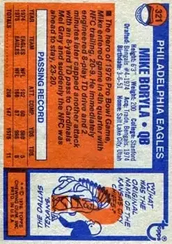 1976 Topps #321 - Mike Boryla - Philadelphia Eagles - Back