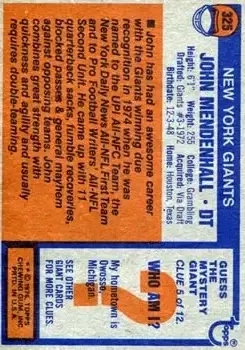 1976 Topps #325 - John Mendenhall - New York Giants - Back 1976 Topps #325 - John Mendenhall - New York Giants - Back