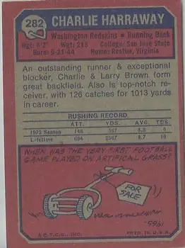1973 Topps #282 - Charlie Harraway - Washington Redskins - Back