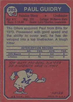 1973 Topps #283 - Paul Guidry - Houston Oilers - Back 1973 Topps #283 - Paul Guidry - Houston Oilers - Back