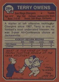 1973 Topps #284 - Terry Owens - San Diego Chargers - Back