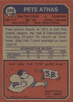 1973 Topps #286 - Pete Athas - New York Giants
