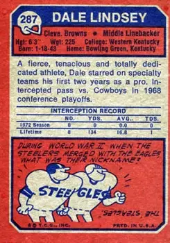 1973 Topps #287 - Dale Lindsey - Cleveland Browns - Back 1973 Topps #287 - Dale Lindsey - Cleveland Browns - Back
