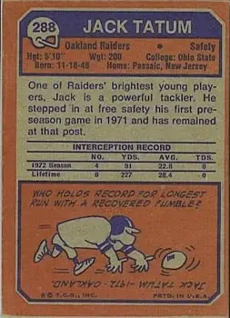 1973 Topps #288 - Jack Tatum - Oakland Raiders - Back 1973 Topps #288 - Jack Tatum - Oakland Raiders - Back