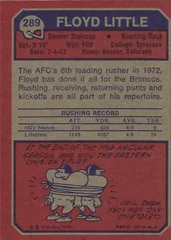 1973 Topps #289 - Floyd Little - Denver Broncos - Back