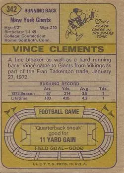 1974 Topps #342 - Vince Clements - New York Giants - Back