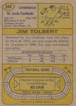 1974 Topps #344 - Jim Tolbert - St. Louis Cardinals - Back