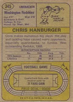 1974 Topps #345 - Chris Hanburger - Washington Redskins - Back