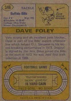 1974 Topps #346 - Dave Foley - Buffalo Bills - Back
