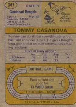 1974 Topps #347 - Tommy Casanova - Cincinnati Bengals - Back