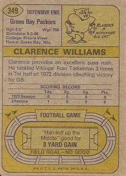 1974 Topps #349 - Clarence Williams - Green Bay Packers - Back 1974 Topps #349 - Clarence Williams - Green Bay Packers - Back