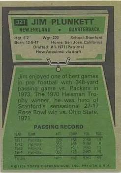 1975 Topps #321 - Jim Plunkett - New England Patriots - Back