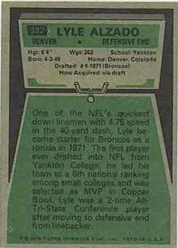 1975 Topps #322 - Lyle Alzado - Denver Broncos - Back