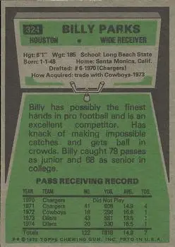 1975 Topps #324 - Billy Parks - Houston Oilers - Back