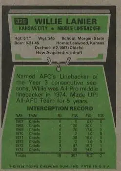 1975 Topps #325 - Willie Lanier - Kansas City Chiefs - Back