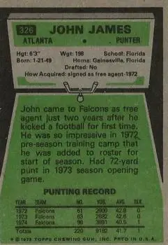 1975 Topps #326 - John James - Atlanta Falcons - Back