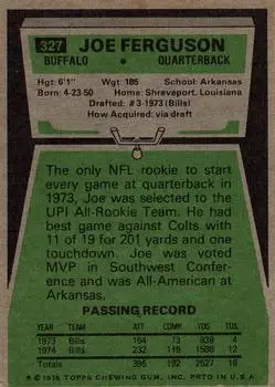 1975 Topps #327 - Joe Ferguson - Buffalo Bills - Back