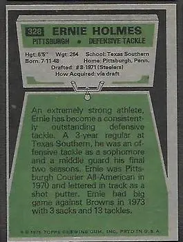 1975 Topps #328 - Ernie Holmes - Pittsburgh Steelers - Back 1975 Topps #328 - Ernie Holmes - Pittsburgh Steelers - Back