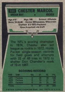 1975 Topps #330 - Chester Marcol - Green Bay Packers - Back