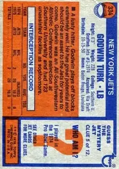 1976 Topps #334 - Godwin Turk - New York Jets - Back 1976 Topps #334 - Godwin Turk - New York Jets - Back