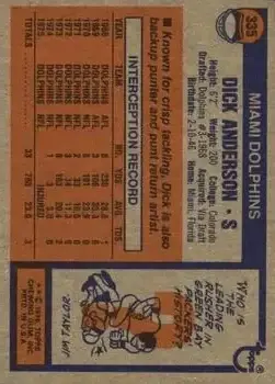1976 Topps #335 - Dick Anderson - Miami Dolphins - Back 1976 Topps #335 - Dick Anderson - Miami Dolphins - Back